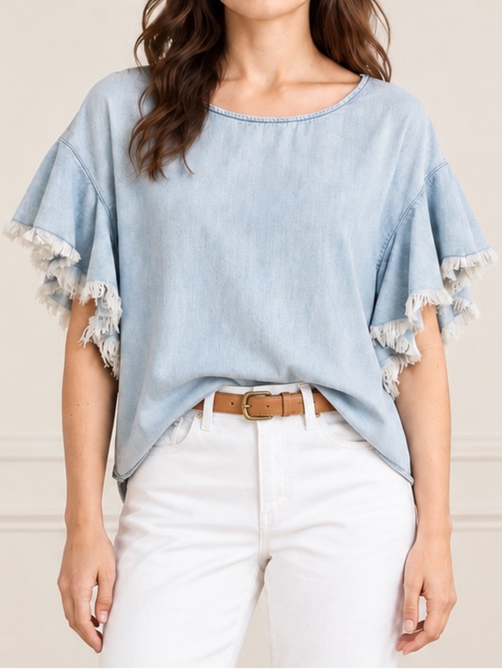AG Jeans Shannon Top Small Blue Chambray Cotton Frayed Flutter Sleeve Blouse NWT